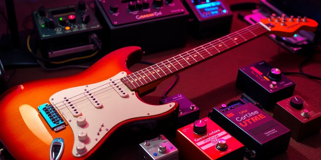 E-Gitarre mit Effekten und bunten Lichtern.