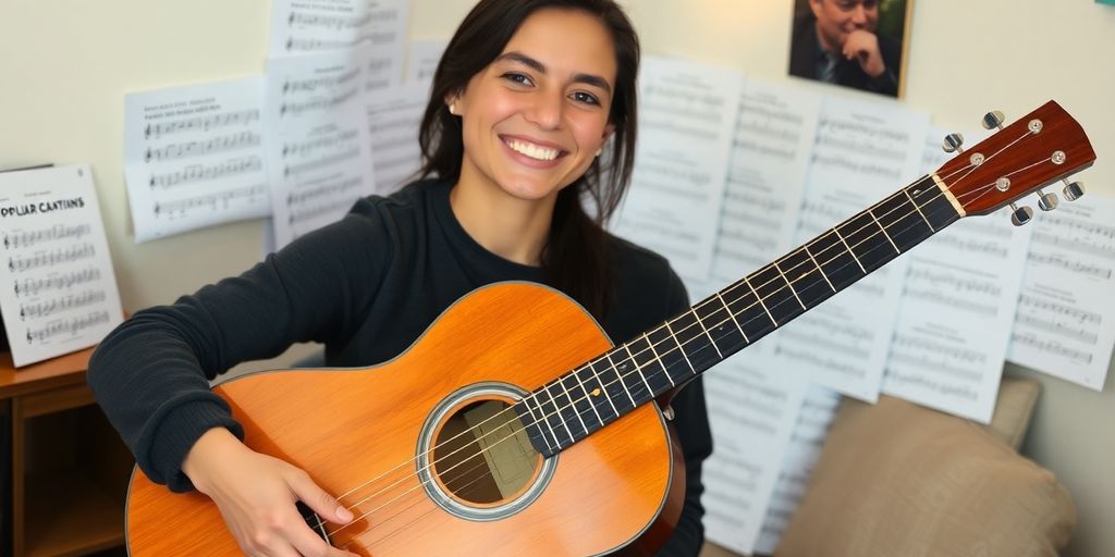 Ein Anfänger spielt Gitarre mit Songblättern.