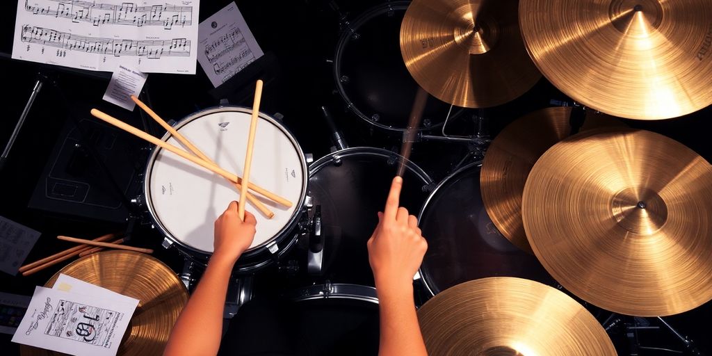 Dynamischer Schlagzeuger am Schlagzeug mit Drumsticks.