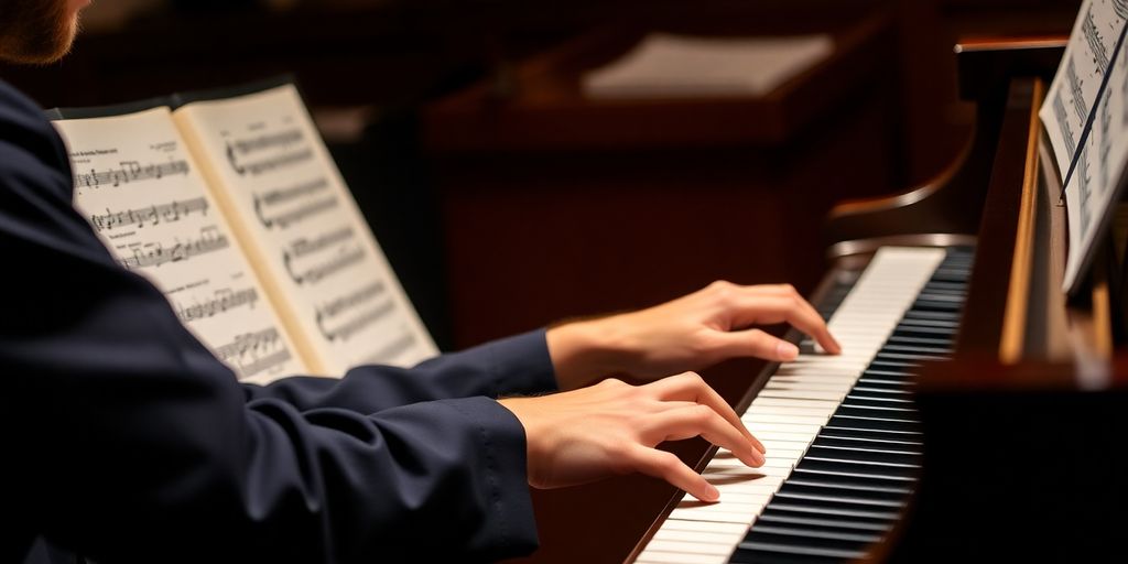 Pianist spielt intensiv am Klavier mit Notenblättern.