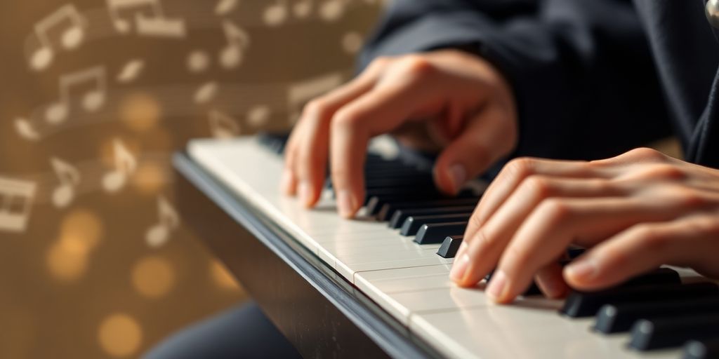 Musiker spielt Instrument mit fließenden Bewegungen der Hände.