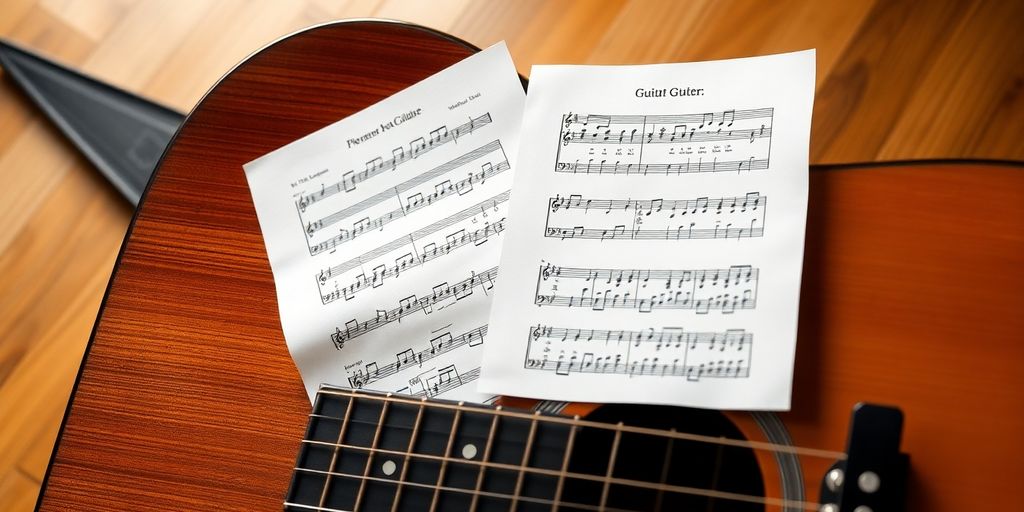 Eine Gitarre mit Noten und Tabs.