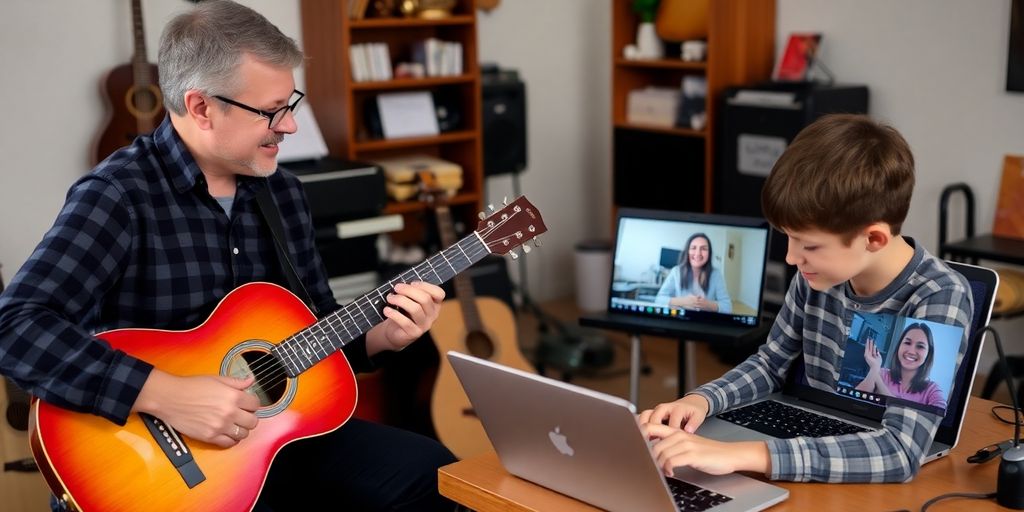 Musikunterricht mit Lehrer und Online-Unterricht am Laptop.