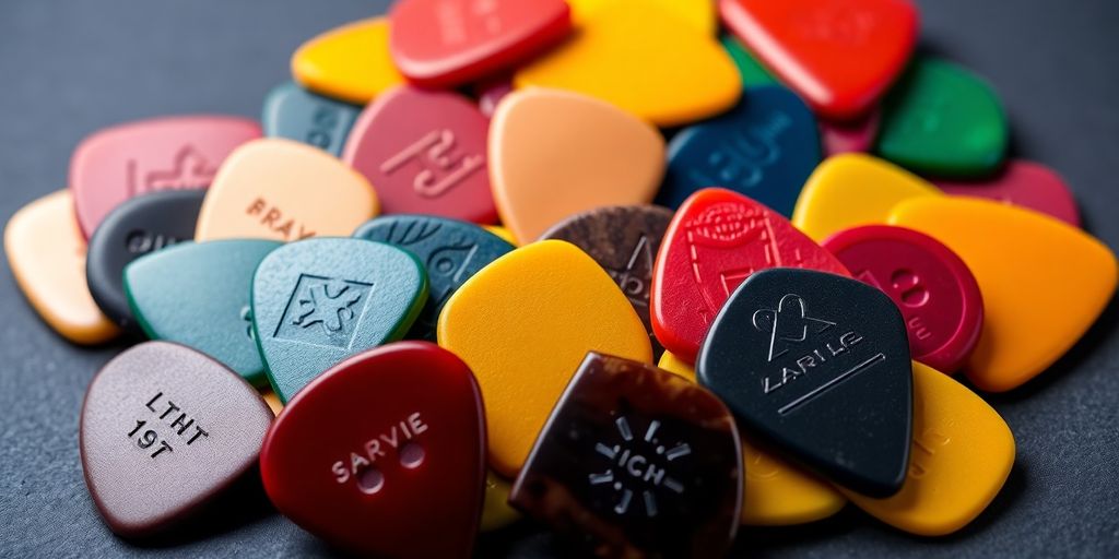 Vielfältige Gitarrenplektren in verschiedenen Formen und Dicken.