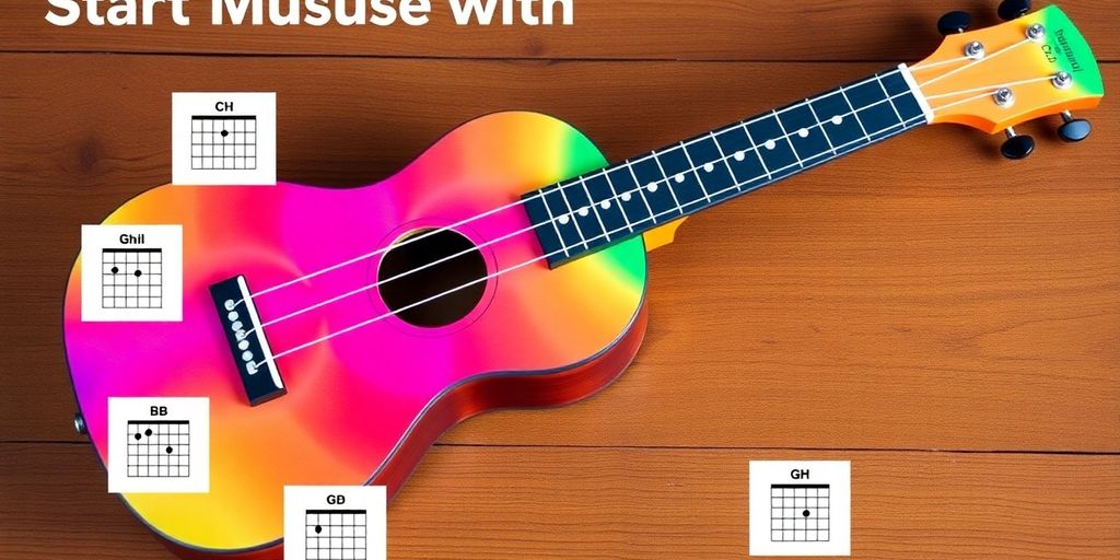 Bunte Ukulele auf Holzoberfläche mit Akkorden.