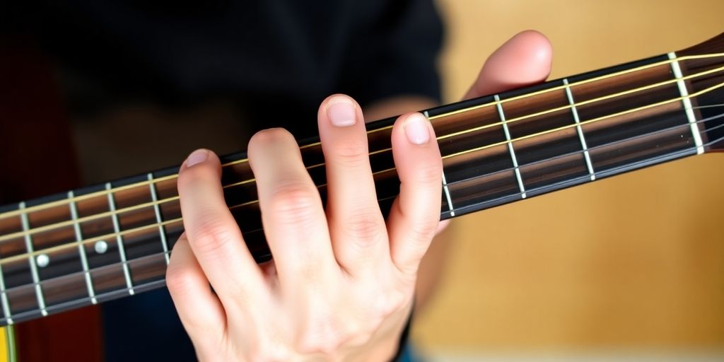 Gitarrist übt Fingerübungen auf akustischer Gitarre.