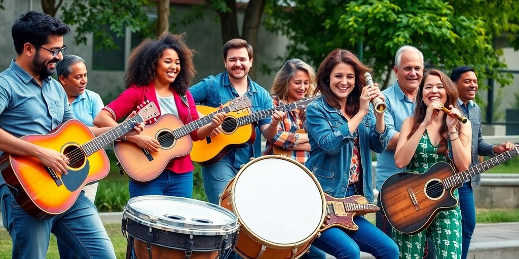 Menschen spielen fröhlich verschiedene Musikinstrumente im Freien.