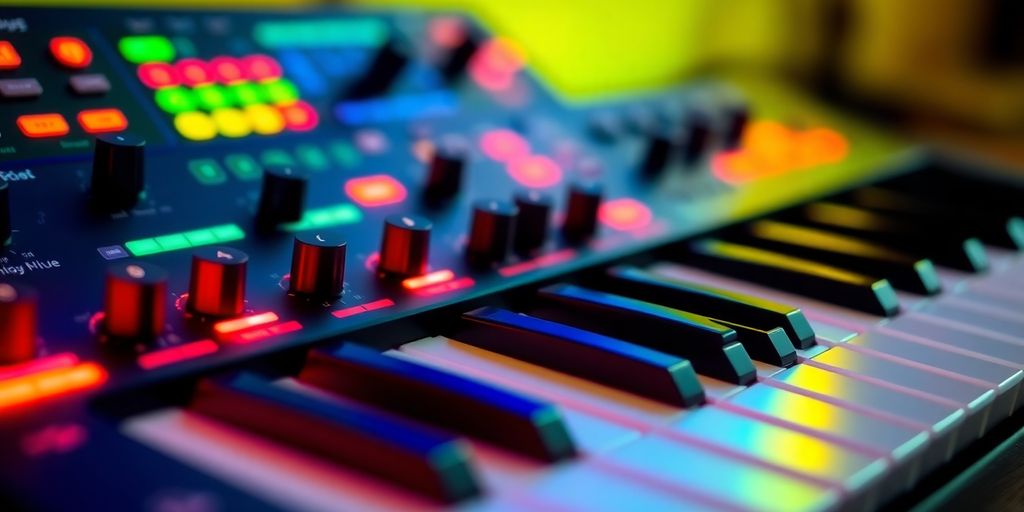 Nahaufnahme einer MIDI-Tastatur mit bunten Lichtern.