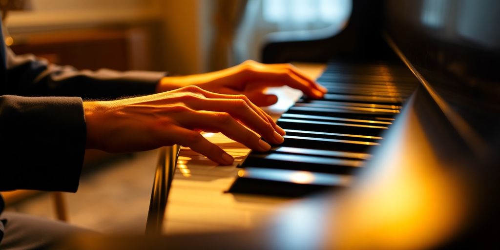 Hände auf einem Klavier, die Tasten werden gespielt.