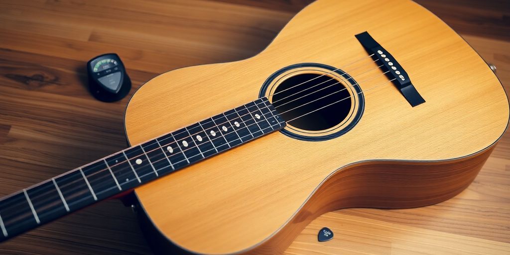 Akustische Gitarre für Anfänger auf einem Tisch.