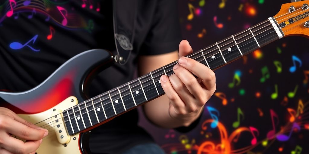 Gitarrist bei Warm-up-Übungen mit E-Gitarre.