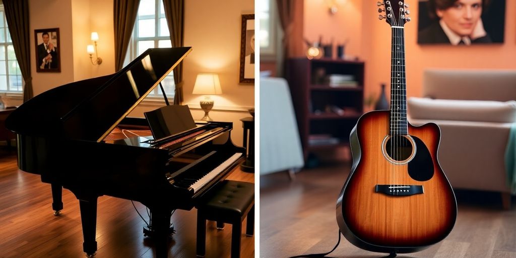 Klavier und Gitarre in einem gemütlichen Raum.